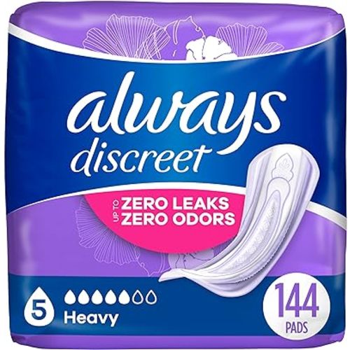 Always Discreet Adult Incontinence & Postpartum Incontinence Pads for Women, Heavy Absorbency 48 Count x 3 Packs (144 Count total) (Packaging May Vary) - Regular (Size 5)