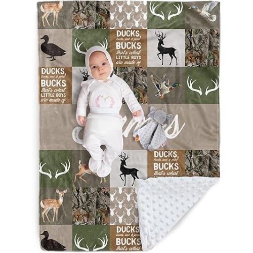 Personalized Baby Blanket - Custom Name Plaid Blankets with Deer & Duck Design - Soft Plush Flannel Blanket with Double Layer Dotted Backing for Boys Girls Gift Color07