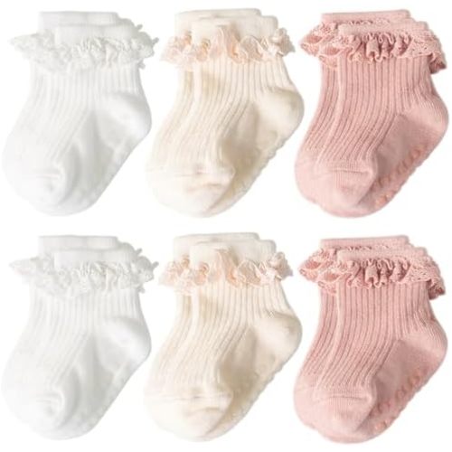 AQOKKA Baby Girl Toddlers Socks with Non-slip Grip Cute Frilly Ruffle Ankle Soft Cotton Newborn Baby Socks for Infant Kids