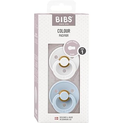 BIBS Pacifiers Colour Collection | Natural Rubber Baby Pacifier | Set of 2 BPA-Free Soothers | Made in Denmark | 0+ Months (Pack of 2) | Baby Blue/White