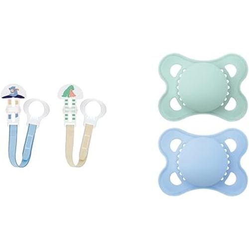 MAM 2 Pacifier Clips for Boys with Rings and Fasteners, MAM 2 Original Matte Baby Pacifiers 0-6 Months