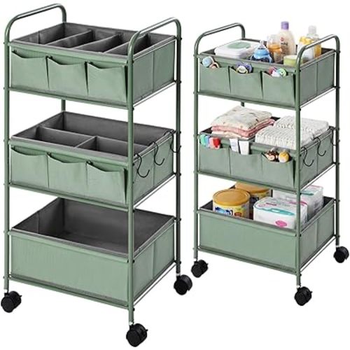WILLBOND 3 Tier Baby Diaper Caddy Organizer Cart with 4+3 Dividers Large Capacity Metal Utility Bedside Rolling Cart for Newborn Nursery Essential Must Have for Crib Bedroom Baby Shower(Green)