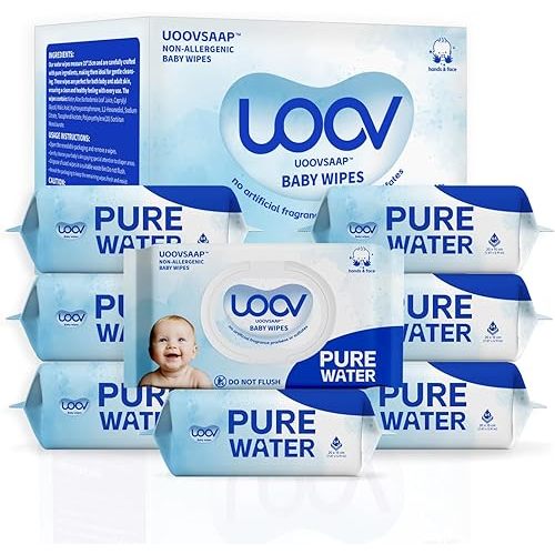 Hypoallergenic Baby Wipes, Pure Water Natural Wipes for Sensitive Skin, Unscented Baby Wipes for Face Hands & Bottom, 512 Count (8 Packs of 64)