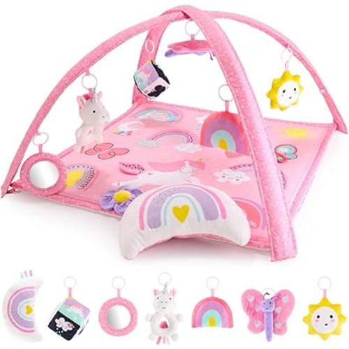 Peanutshell Baby Girl Rainbow Paradise 7-in-1 Play Gym - Playmat Toys for Newborns, Infants: 0-6, 6-12 months Tummy Time Mat with Hanging Toys, Soft Padded
