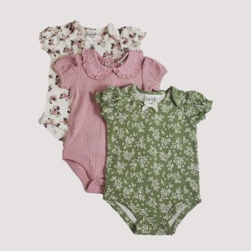 Nicole Miller Baby Girls Short Sleeve Cotton Bodysuit, 3 Pack, Smoke Grey/mellow Rose