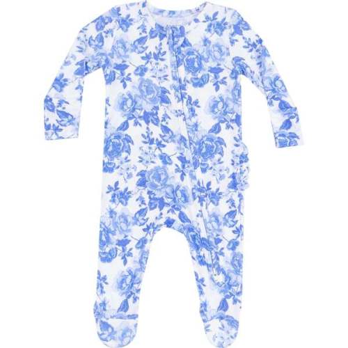 2 Way Zipper Ruffle Back Footie, Roses In Blue - Angel Dear | Maisonette
