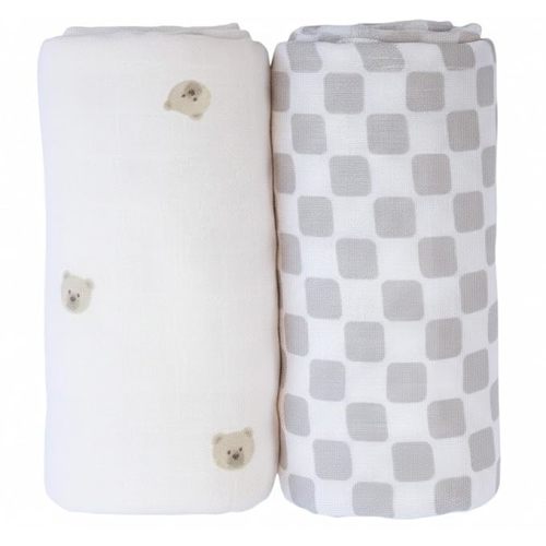 Muslin Swaddle Blankets - Set of 2 Gender Neutral Patterns- Large 47"x47",Organic Cotton & Viscose from Bamboo, Extra Soft Newborn Swaddles, Baby Shower for Boys & Girls (Checkered Tan & Bears)