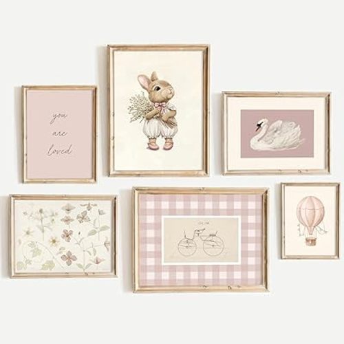 Girl Nursery Wall Art Vintage Pink Bunny Canvas Wall Decor Baby Girl Room Poster Nursery Animal Floral Prints Cute Rabbit Picture Kids Swan Flower Painting Artwork for Bedroom 8x10 Inch Unframed 6pcs