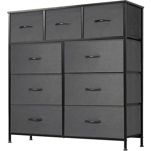 DUMOS Dresser for Bedroom, Storage Organizer with 9 Drawers, Chest of Drawers with Fabric Bins, Sturdy Metal Frame, Wood Tabletop for Guest Room, Closet, Entryway, Nursery
