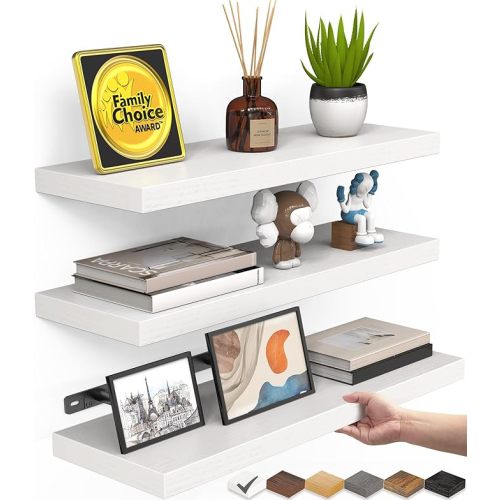 BAYKA White Floating Shelves for Wall – Rustic Wood Wall Shelves with Metal Brackets for Bathroom, Bedroom, Kitchen, or Living Room Decor Organization – Set of 3, Sturdy Storage with 22lb Capacity
