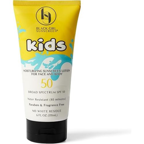 Black Girl Sunscreen Kids SPF 50 Lotion for Face & Body- Sun Protection for Skin, Kids Sunscreen, Water Resistant for 80 Minutes, Ideal for Beach & Travel, No White Cast for Melanin Rich Skin- 6 fl oz