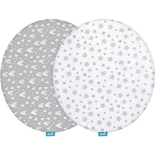 Bassinet Sheets Compatible with Fisher-Price On-The-Go Baby Dome, 2 Pack, 100% Jersey Knit Cotton Fitted Sheets, Breathable and Heavenly Soft, Grey Hearts and White Stars Print for Baby