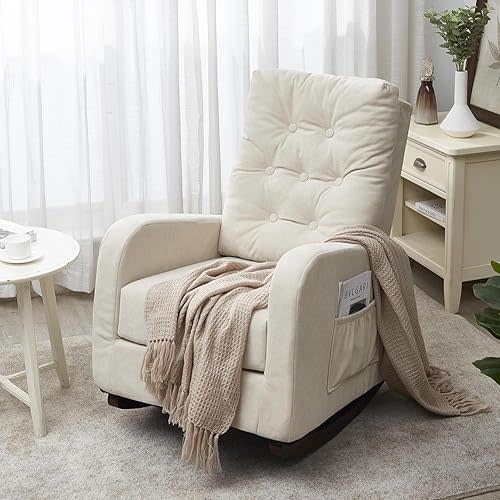 Nursery Rocking Chair, Upholstered Nursery Glider Rocker with Solid Wood Base and Side Pocket, Comfy High Back Armchair Single Sofa Chair for Living Room, Bedroom, Office, Beige