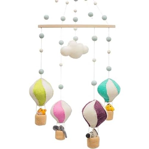 GLACIART ONE Baby Nursery Animals & Hot Air Balloon Mobile for Crib | Gender Neutral Mobile for Nursery Decor | Felt Hanging Room Decorations Handmade from Natural Wool | Great Gift Idea