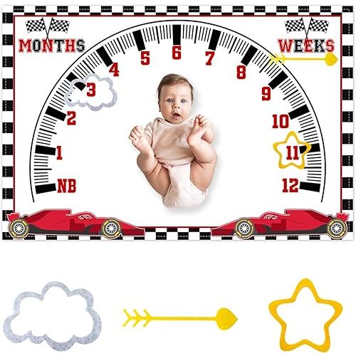 Racing Car Baby Monthly Milestone Blanket Newborn Growth Record Prop Milestone Blanket for Baby Boy Photography Props for Newborn Baby Shower 60"x40" with Frames