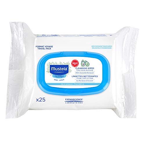 Mustela Baby Cleansing Wipes 25 ct. - Ultra Soft, On-the-Go Travel Wipes - Lightly Scented - with Natural Avocado & Aloe Vera - 25 or 75 ct. (1 or 3-Pack)
