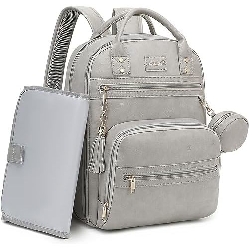 Premium Vegan Leather Diaper Bag Backpack with Waterproof Changing Pad, Reinforced Zippers & Odor-Free, 20 Pockets Pro Organizer, Fits 15.6" Laptop, Stroller Straps, Baby Bag for Mom, Grey