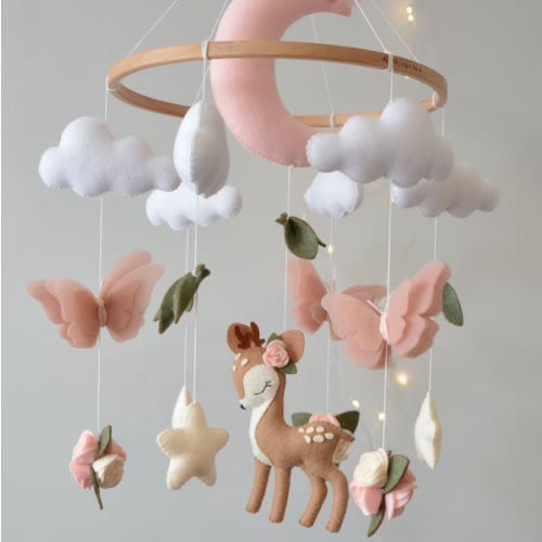 Deer baby mobile girl. Butterflies baby mobile. Baby shower gift. Flowers baby mobile.