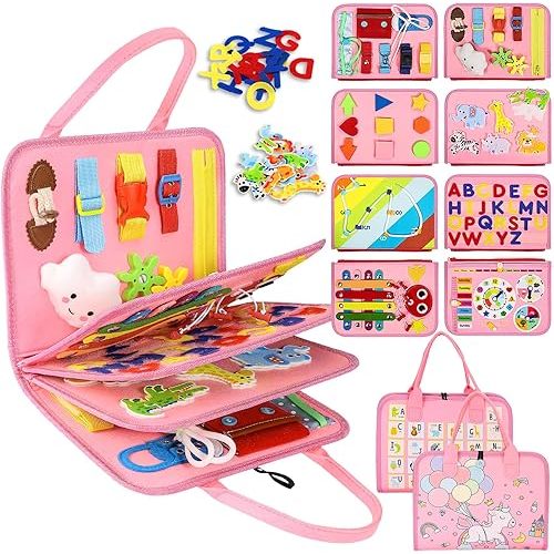 Esjay Toddler Busy Board Montessori Toys, Sensory Board Educational Activities for Learning Fine Motor Skills, Gifts for Girls Boys Toddlers, Travel Toys for Airplane Car,Fairy Horse
