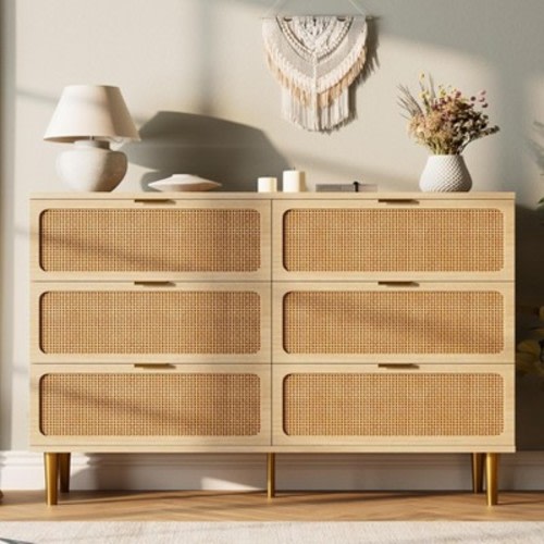 Rattan 6 Drawer Dresser for Bedroom, Large Double Dresser with Deep Drawers, Wooden Chest of Drawers, for Living Room, Hallway, Kids Room, Natural