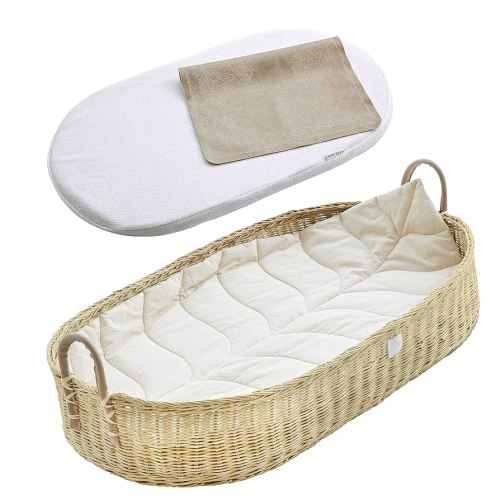 BEBE BASK Premium Baby Changing Basket - Artisan-Crafted Rattan with Extra High Sides - Wicker Changing Basket for Baby Dresser - All Accessories Included - Complete Set for Nursery (Rattan)