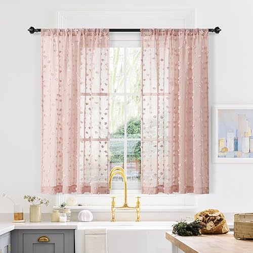 MYSKY HOME Kitchen Curtains 45 Inch Length 2 Panels Pom Pom Dusty Pink Sheer Curtains for Small Windows Bathroom Girls Bedroom Nursery Kids Room Light Filtering Curtains Boho Decor Rod Pocket,W52 inch
