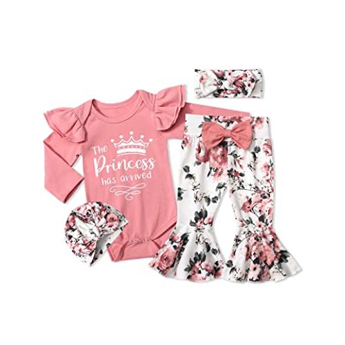 ADIFUN Baby Girl Clothes,4pcs Infant Newborn Girl Outfits Ruffle Romper Baby Bell Bottoms Headband Bandana Clothes Sets Gifts