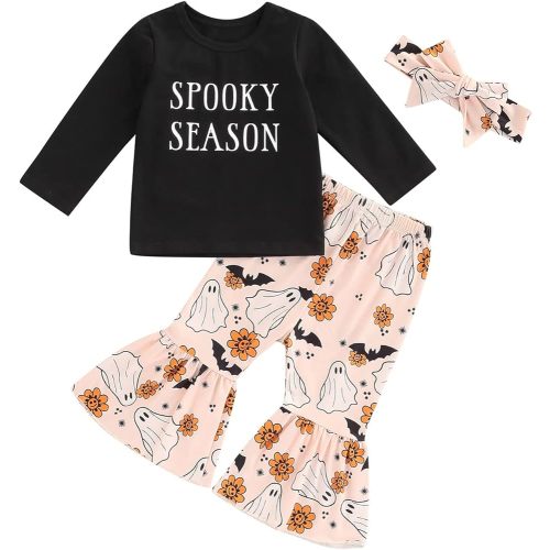 ITFABS 0-6T Toddler Baby Girl Halloween Clothes Pumpkin Sweatshirt T Shirts Tees Tops Flare Pants Outfit Set Fall Clothes