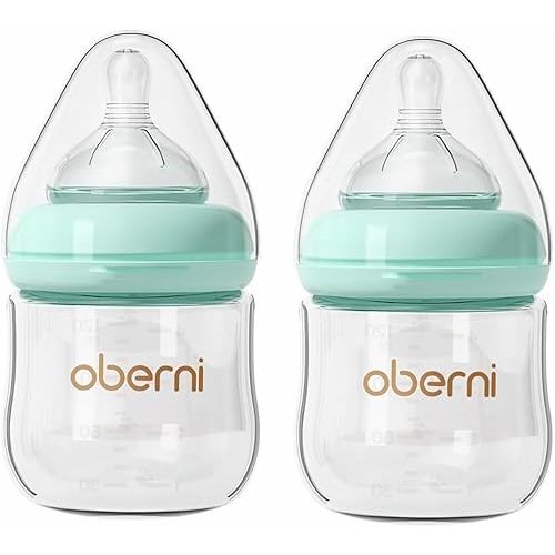 Glass Baby Bottles,Anti Colic Breastfeeding Bottle with Natural Response Nipple Size S,Wide Neck Slow Flow Baby Bottle for Baby,Newborn,Preemie 0-3 0-6 Month,BPA Free (Blue, 2 Pack, 4 Ounce)