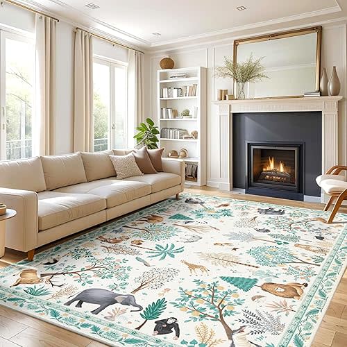 5x7 Rug Clearance Nursery Jungle Animal Print Rug for Kid Boy Playroom Area Rug for Living Room Non Slip Rug Carpet for Bedroom,Farmhouse, Dining Room, Beige