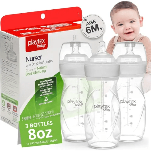 Playtex Baby Anti-Colic, Reduce Gas, Air Free Nurser Bottle with Pre-Sterilized Disposable Drop-Ins Liners, Closer to Breastfeeding, 8 Oz Bottles, 3 Count