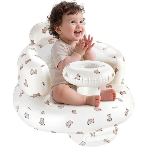 Portable Inflatable Baby Seat, Waterproof Inflatable Baby Chair with Tray for Practice Sitting Up, Built-in Valve Toddler Support Blow Up Baby Chair, Baby Inflatable Seat for 3-36 Months (Bear)