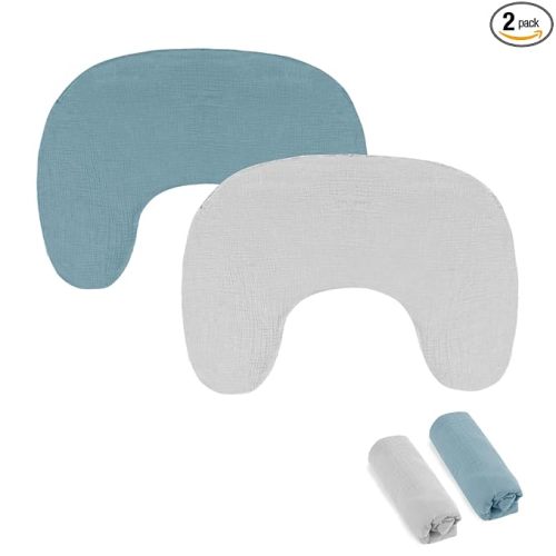 Hooyax Muslin New Nursing Pillow Covers 2 Pack, Soft and Breathable Nursing Covers for New-Designed Breastfeeding Pillows, Adorable Infant Feeding Pillow Slipcover for Baby Boy and Girls (Blue Grey)