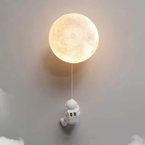 LED Moon Wall Light Kids Room Nursery Astronaut Wall Sconce Nordic Modern Kids Wall Lamp Hardwired Bedroom Wall Lighting Fixture for Children Bedside Girl Boy Room Hallway Office