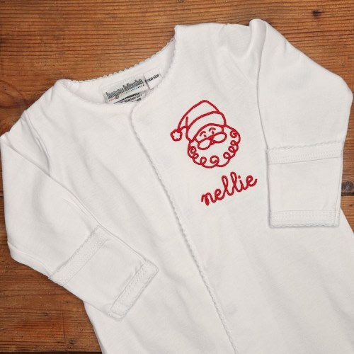Santa on Picot Trimmed Monogrammed Baby Girl or Boy Sack Gown or Footie, Christmas Baby Shower Gift, Coming Home Outfit