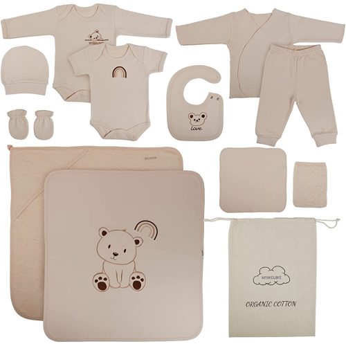 MYWELOVE Organic Cotton Newborn Essentials Unisex Layette Gift Set | Gender Neutral Clothes for Baby Girls or Baby Boys | 0-3 Month Baby Must Haves Cute Baby Shower Outfit Set for Registry Search Gift