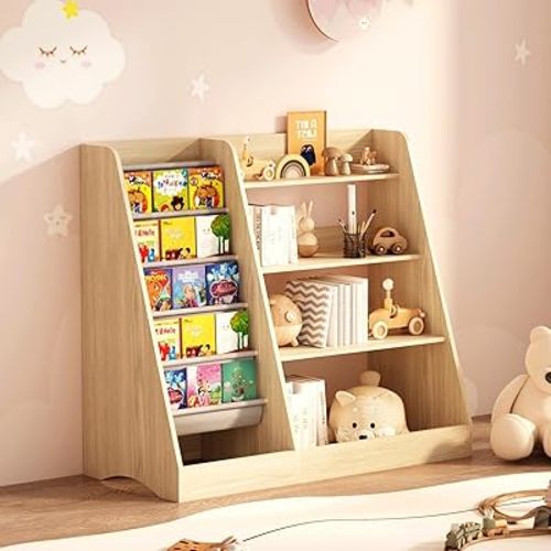 4 Tier Kids Wooden Bookshelf,Baby Storage Book Rack,5 Sling Shelf Children Bookcase,Baby Toddler Wooden Book Shelf, Toy Storage Organizer for Playroom, Bedroom, Classroom, Nursery, School Natural Wood