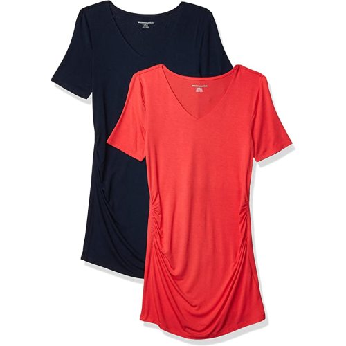 Amazon Essentials Women's Maternity Short-Sleeve Rouched V-Neck T-Shirt, Pack of 2 - Sustainably Sourced Rayon Blend - Navy, Hibiscus Flower - XX-Large