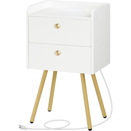 HOOBRO Nightstand with Charging Station, 2 Drawers - White + Gold