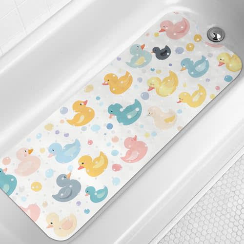 LNOND Bath Mat for Tub for Kids, Toddler Bathtub mat Non Slip, Colourful Cartoon Duck Kids Bath Mats for Bathroom Non Slip with Drain Holes and Suction Cups,Machine Washable (40 X 16 Inch)