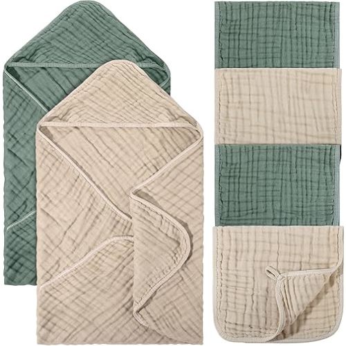 6 Pcs 6 Pcs Baby Muslin Hooded Bath Towels and Washcloths, 32 x 32 Inch Muslin Cotton Hooded Baby Towels Absorbent Hooded Blankets Newborn Infant (Beige,Green)