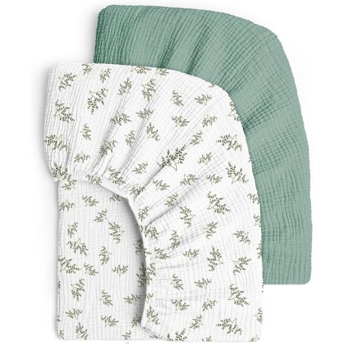 Lulu moon Muslin Crib Sheets - Fitted Crib Mattress Sheets for Boys and Girl - 28"x 52", 2 Pack - Lotus Leaf & Green