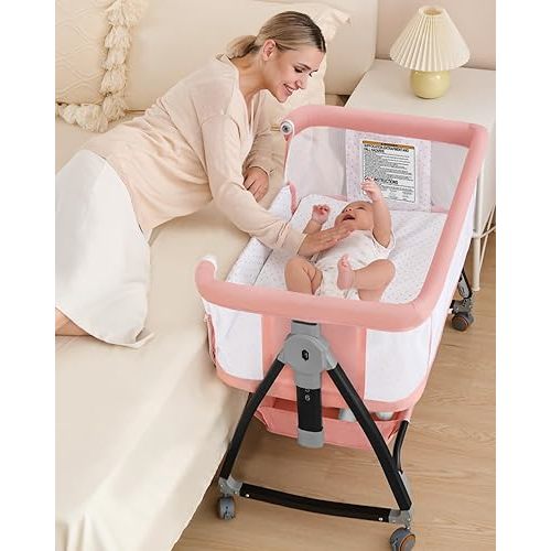 Bedside Bassinet for Baby, 3 in 1 Breathable Mesh Baby Bassinet, 6 Height Adjustable, Easy to Fold, Bassinet Bedside Sleeper with Wheels, Mosquito Net, Storage Basket, Rocking Bassinet for Baby, Pink