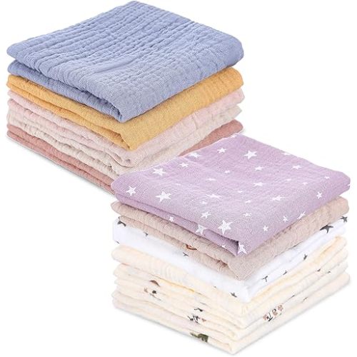 12Pcs Baby Muslin Washcloths for Unisex Cotton Wash Cloth Set for Baby Face Body Absorbent Comfy Soft Towels Set Unisex Face Towel for Newborn Infants Kids Girls Boys