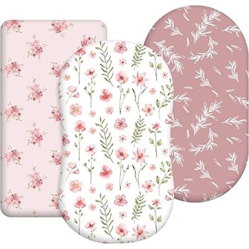 Floral Bassinet Sheets Girl 3 Pack, Breathable Cozy Fitted Mattress Sheet, Elastic Travel Bassinet Fashionable, Standard Cradle Safe Sheets for Baby Boy Girls 32" x 16"