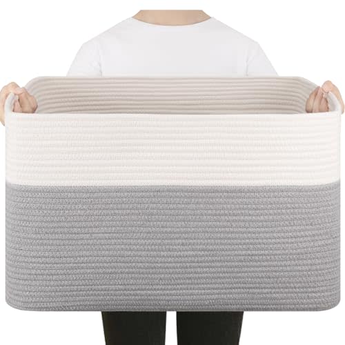 SIXDOVE 75L Large Blanket Basket, Toy Basket Bin for Kids, Cotton Rope Woven Storage Baskets for Living Room, Bedroom, Nursery, Baby Room Decorative Organizer, 22''×17''×12'', Grey and White