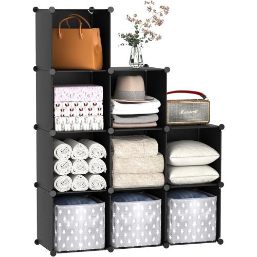 C&AHOME Cube Storage, 9-Cube Bookshelf, Plastic Closet Cabinet Organizer, DIY Stackable Bookcase, Modular Shelving Units Ideal for Home, Office, Kids Room, 36.6" L x 12.4" W x 48.4" H Black SHS3009A