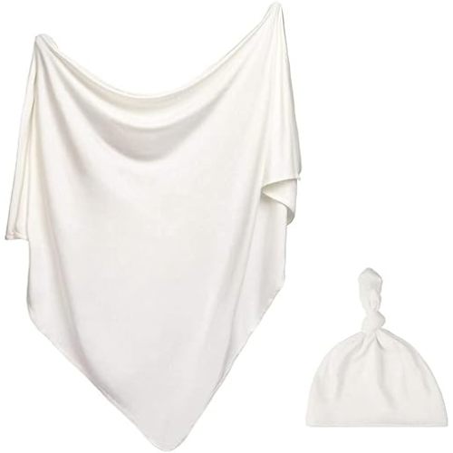iEvolve Cotton Knitted Baby Swaddle Blanket with Hat Headband Set Newborn Swaddle Wrap Receiving Blankets for Baby Girl Boy 35" x 35"(White)