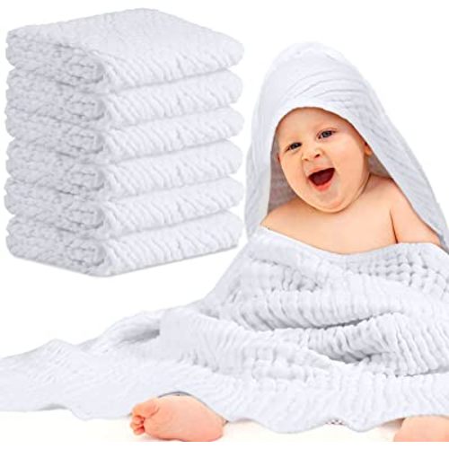 Chumia Muslin Baby Bath Towel, Cotton Newborn Hooded Towel for Kids, 32x32Inch Hooded Baby Bath Blanket Towel for Babies Toddler Infant Shower Gift Supply, Soft and Absorbent(White, 6 Pieces)