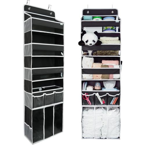 Door Hanging Storage Organizer,with 3 Bins 1 Movable Baby Diaper Caddy,1 Large capacity diaper stacking storage Organizer,10 Side Pockets ,Bedroom Door Storage for Nursery Baby Essentials. (Beige)